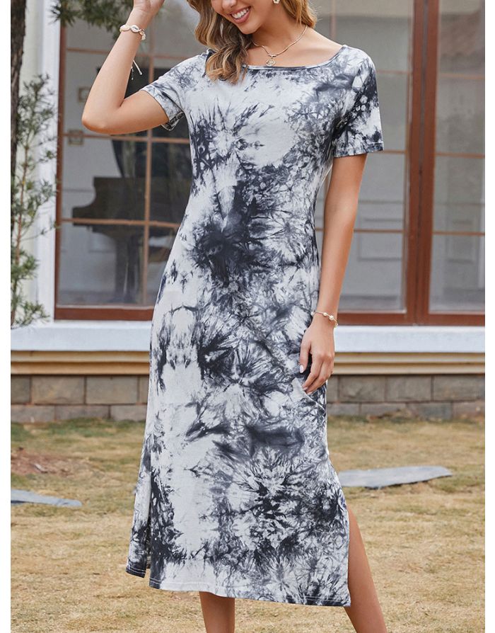 Summer Dress Off the Shoulder Short Sleeve Printed Long Split Casual Dresses